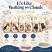 A promotional graphic for dog slippers showing four pairs of plush slip-on slippers with different dog illustrations on the uppers, arranged on a soft cream knit blanket. Text highlights features like cloud-like comfort, slip-resistant non-slip bottoms, soft support, and indoor/outdoor use.