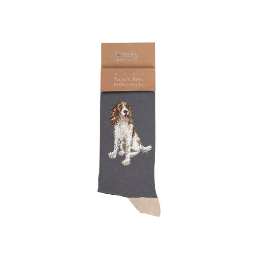A pair of socks featuring a playful dog design, showcasing its cute face and paws.