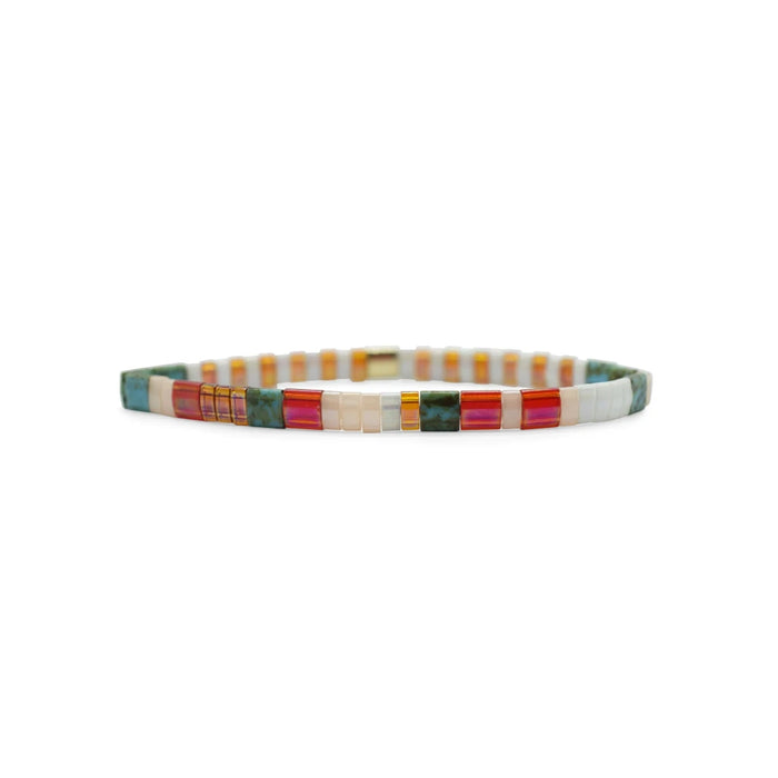 Multi-colored wooden bracelet crafted from a single piece of wood, showcasing natural grain and vibrant hues.