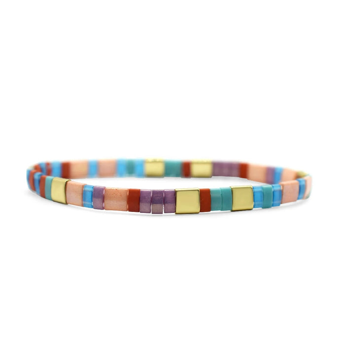 A square-shaped bracelet made of multicolored materials, showcasing a vibrant and unique design.
