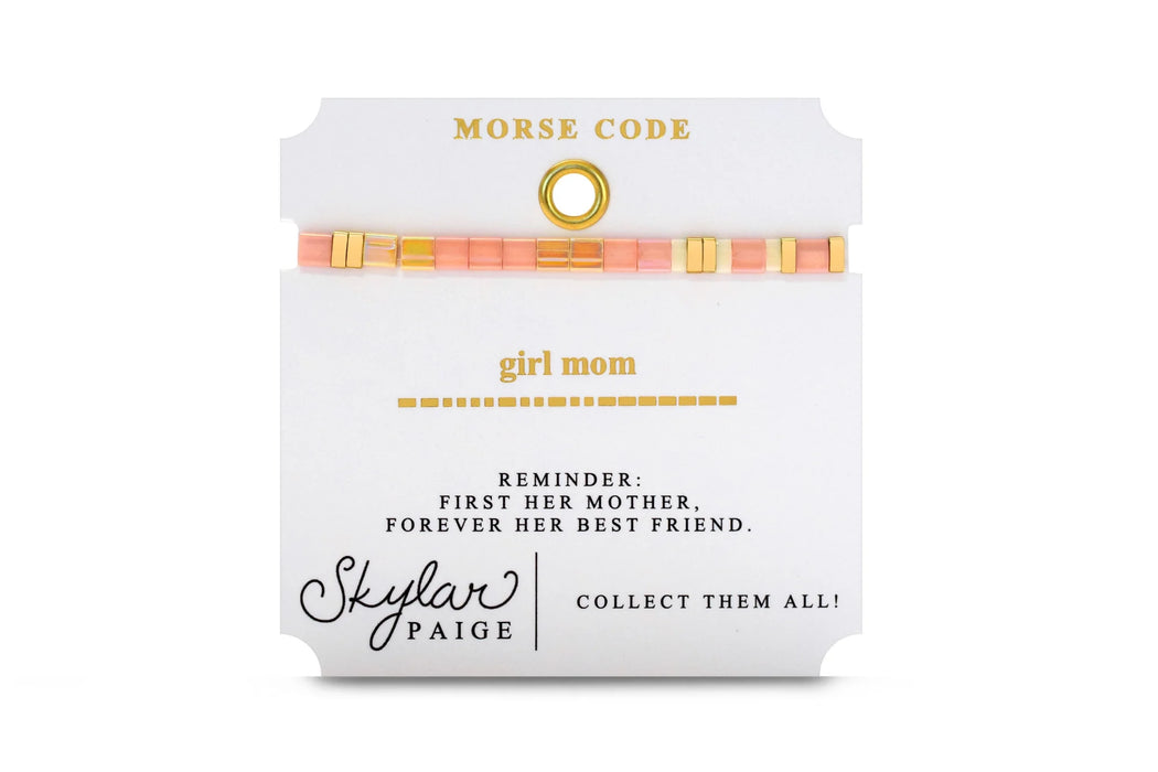 Stia Couture Girl Mom Morse Code Tila Beaded Bracelet with colorful Miyuki Tila beads, hidden "Girl Mom" message, and stretch-fit design.