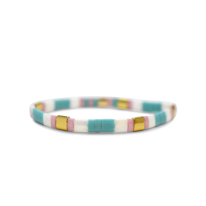 A multi-colored bracelet crafted from glass and gold, showcasing a vibrant and elegant design.