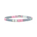 A stylish bracelet made of square glass beads in shades of pink and blue, showcasing a vibrant design.