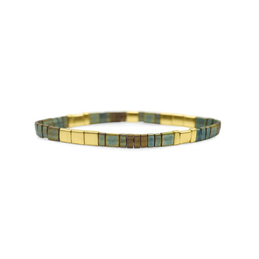 Gold and blue bracelet featuring a distinctive square pattern design.
