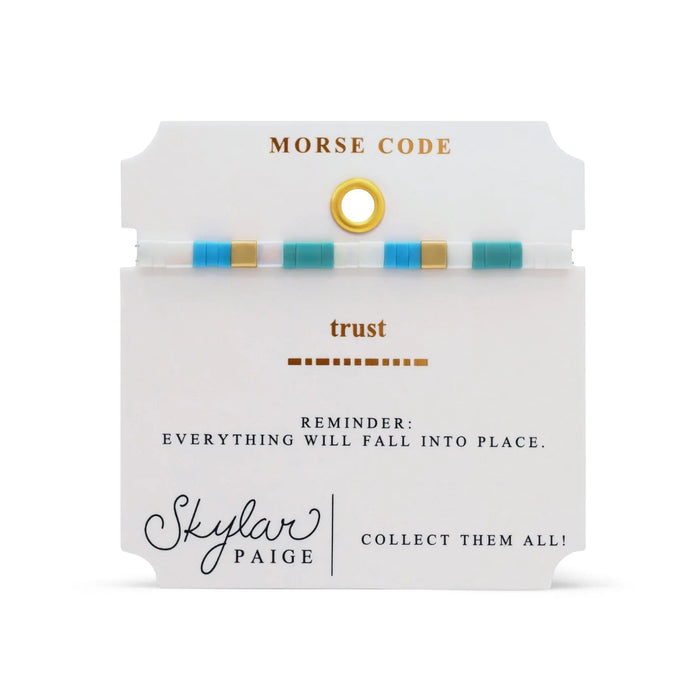 Stia Couture Trust Morse Code Tila Beaded Bracelet featuring colorful Miyuki Tila beads with a hidden "TRUST" Morse code message and stretch-fit design.