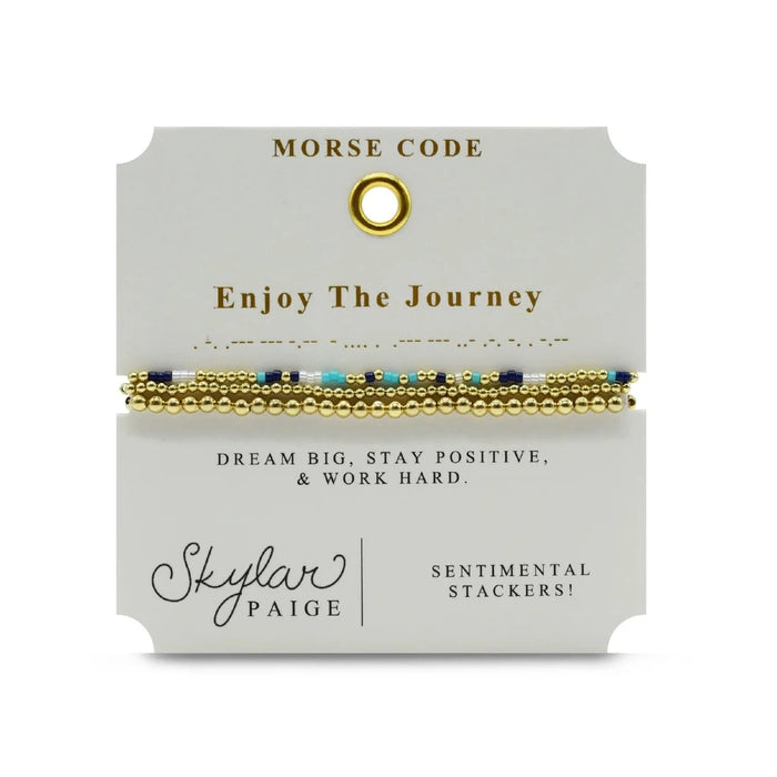A beaded bracelet composed of blue, yellow, and white beads, creating a cheerful and striking accessory.
