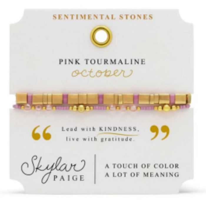 Stia Couture Sentimental Stones October birthstone bracelet featuring pink tourmaline-inspired gemstone beads, a stretch-fit design, and elegant gift-ready packaging.