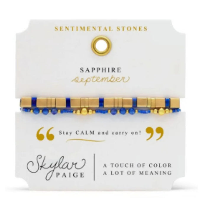 Stia Couture Sentimental Stones September birthstone bracelet featuring sapphire blue gemstone beads, a stretch-fit design, and elegant gift-ready packaging.
