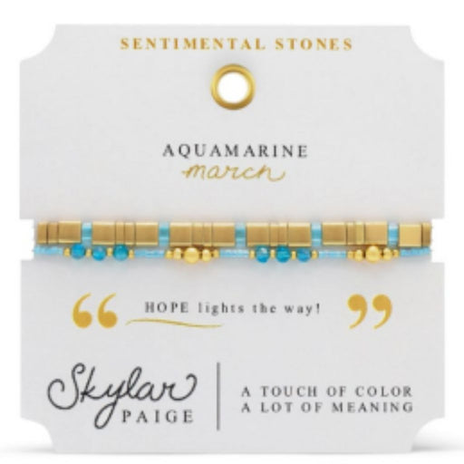 Stia Couture Sentimental Stones March birthstone bracelet featuring aquamarine-inspired gemstone beads, a stretch-fit design, and elegant gift-ready packaging.