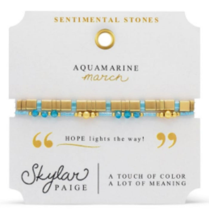 Stia Couture Sentimental Stones March birthstone bracelet featuring aquamarine-inspired gemstone beads, a stretch-fit design, and elegant gift-ready packaging.