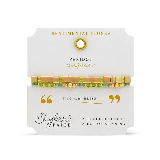 Stia Couture August Peridot Sentimental Stones Bracelet featuring genuine peridot birthstone beads with hidden Morse code message, meaningful August birthday jewelry gift in elegant gift-ready packaging