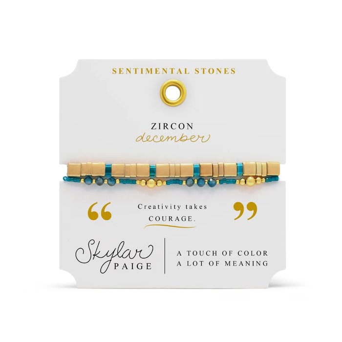 Stia Couture December Zircon Sentimental Stones Bracelet featuring genuine blue zircon birthstone beads with hidden Morse code-inspired design, meaningful December birthday jewelry gift in elegant gift-ready packaging
