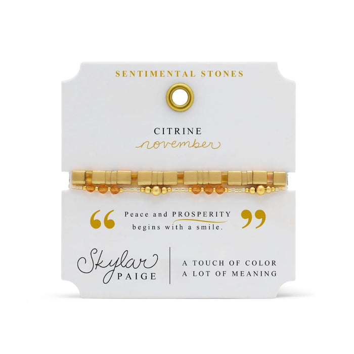 Stia Couture November Citrine Sentimental Stones Bracelet featuring genuine golden citrine birthstone beads with hidden Morse code-inspired design, meaningful November birthday jewelry gift in elegant gift-ready packaging