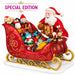A festive Santa Claus Christmas ornament in a red sleigh filled with toys and gifts, shown on a white background with a 'SPECIAL EDITION' label. The sleigh is red with gold scrollwork and gold-colored metal runners, and Santa is depicted in his traditional red and white suit.