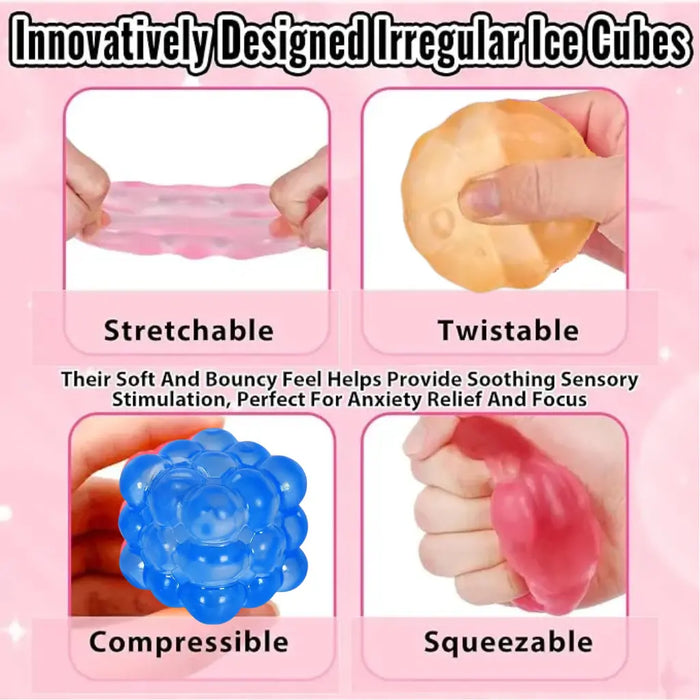 Innovatively designed ice cube toys shown with stretching, twisting, compressing, and squeezing actions on a pink background.