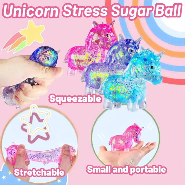 Unicorn stress ball with colorful glitter on a pink background