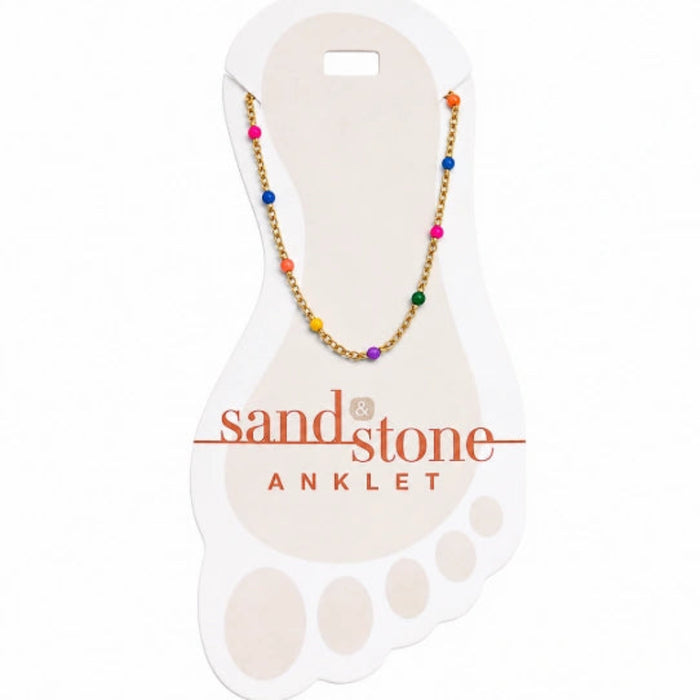 This Sand & Stone Petite Rainbow Beaded Chain Anklet crafted from hypoallergenic stainless steel, it resists tarnish and stays water-resistant all day.