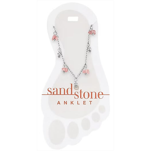 Anklet with pink stones on a white background with 'sandstone' branding.