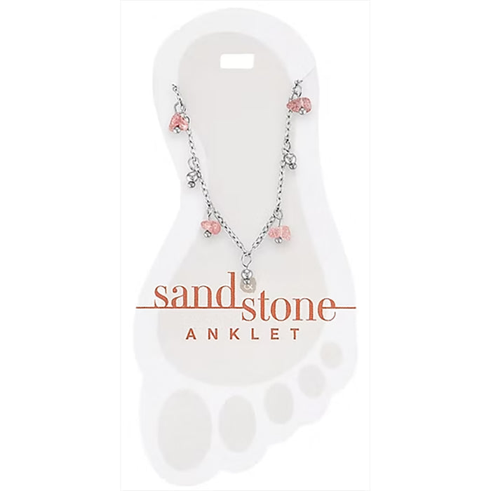 Anklet with pink stones on a white background with 'sandstone' branding.