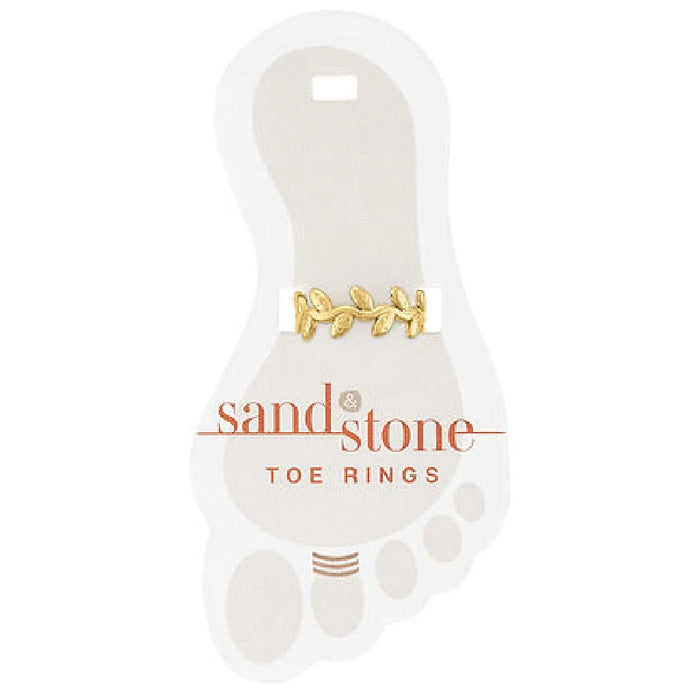 A pair of sandstone toe rings featuring intricate leaf designs, showcasing natural textures and earthy tones.