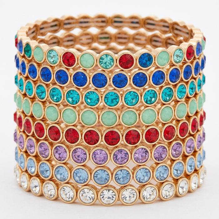 Rain Jewelry 12-piece stacking bracelet set featuring gold and silver colors with multicolor crystal accents.