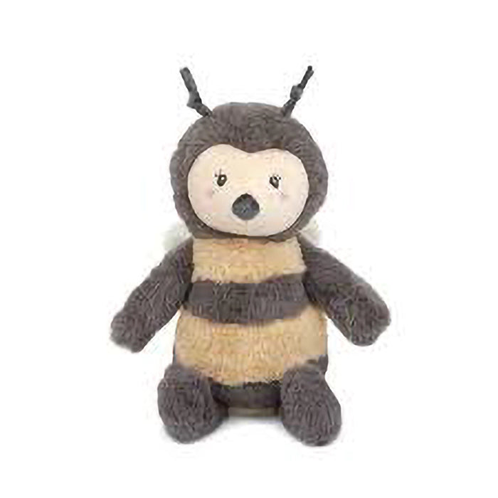 Plush toy bee with brown and yellow stripes on a white background