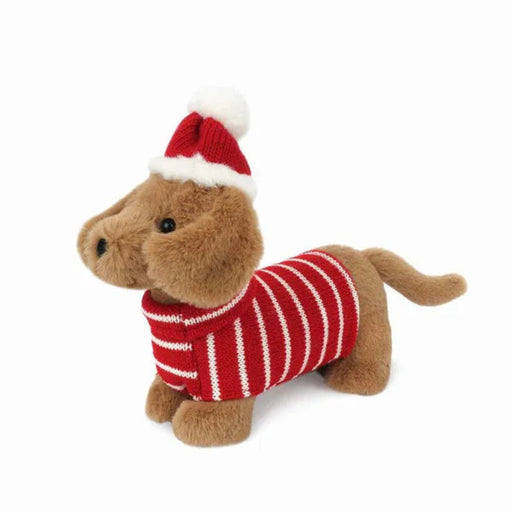 Plush dog toy wearing a red and white striped sweater and Santa hat on a white background
