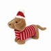 Plush dog toy wearing a red and white striped sweater and Santa hat on a white background