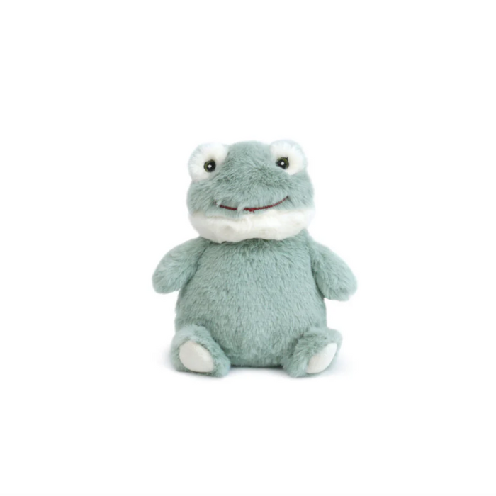 Soft green plush frog with embroidered eyes and floppy bean‑weighted body on a white background