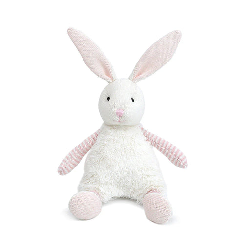 Soft plush bunny with blush‑striped arms and legs on a white background