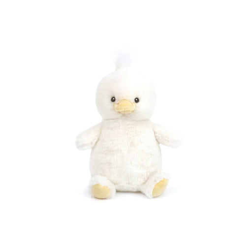 Small white plush duck with yellow beak, webbed feet, and embroidered eyes on a white background