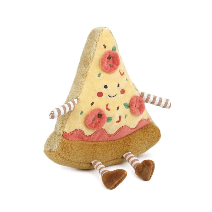 Plush toy shaped like a pizza slice with a smiling face on a white background