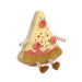 Plush toy shaped like a pizza slice with a smiling face on a white background