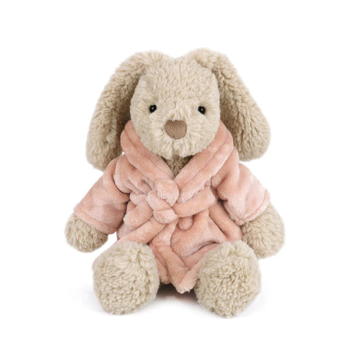 Soft plush bunny wearing a velour bathrobe with floppy ears on a white background
