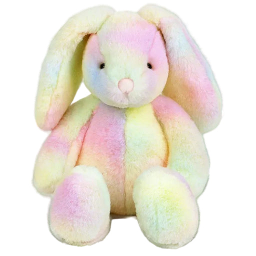 Rainbow‑colored plush bunny with pink nose, shiny eyes, and weighted bottom sitting upright on a white background