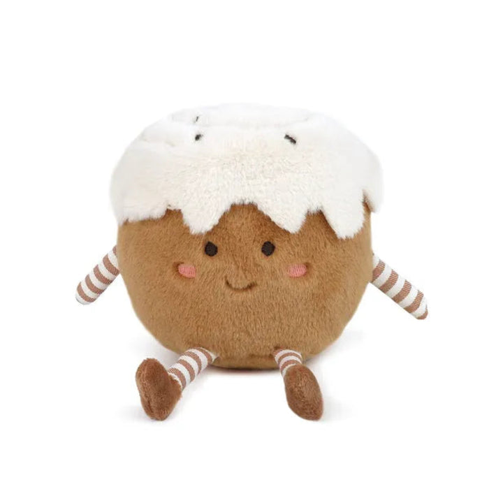 Plush toy resembling a Christmas pudding with a white top and brown body on a white background