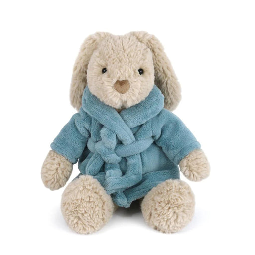 Plush bunny wearing a soft velour bathrobe with floppy ears, sitting upright on a white background