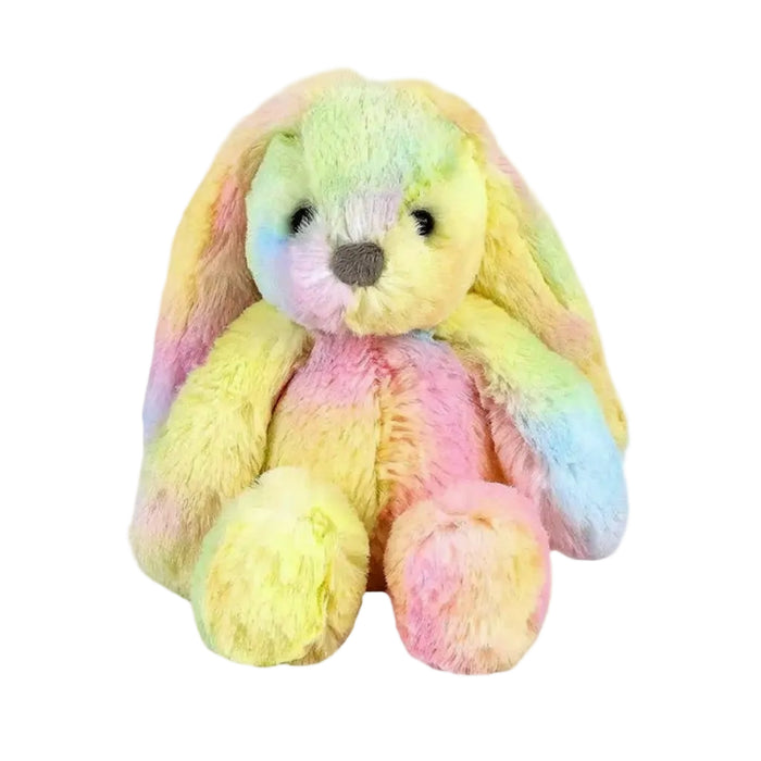 Cream plush bunny with floral accent and embroidered details on a white background