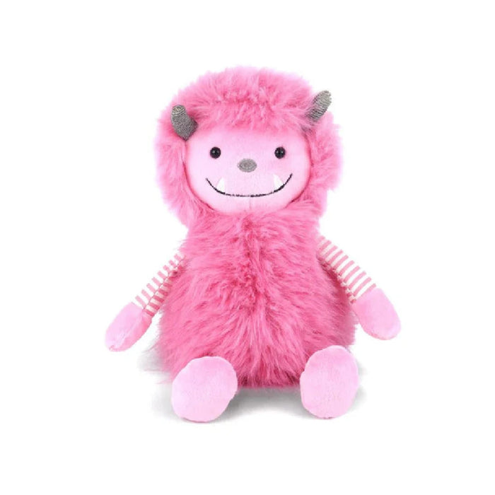 A cute pink stuffed animal with a striped shirt and socks, resting on a colorful blanket, showcasing its playful design.