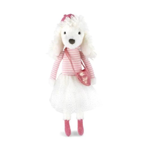 A stuffed dog wearing a pink dress and a white hat, sitting upright with a cheerful expression.