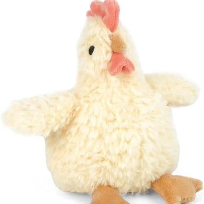 It features a pink comb on top of its head, a matching pink beak, and small black eyes that create a cute and friendly expression.