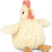 It features a pink comb on top of its head, a matching pink beak, and small black eyes that create a cute and friendly expression.