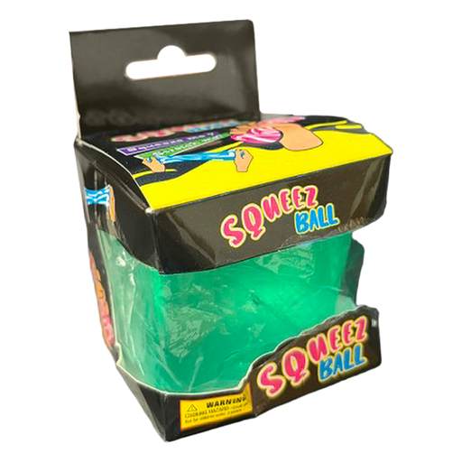 Green squeezable ball in packaging with 'Squeez Ball' branding on a white background