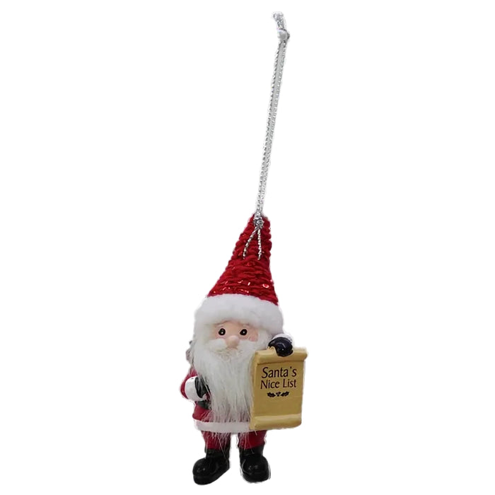 Santa Claus ornament holding a 'Santa's Nice List' sign on a white background