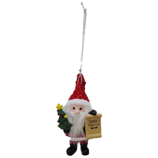 Christmas ornament of a Santa Claus holding a 'Santa's Nice List' sign on a white background