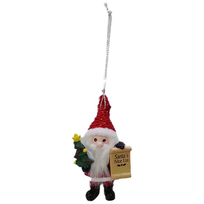 Christmas ornament of a Santa Claus holding a 'Santa's Nice List' sign on a white background