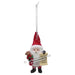 Santa Claus ornament holding a teddy bear and a sign with text on a white background