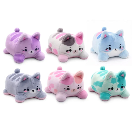 Set of six colorful cat-shaped plush toys on a white background