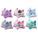 Set of six colorful cat-shaped plush toys on a white background