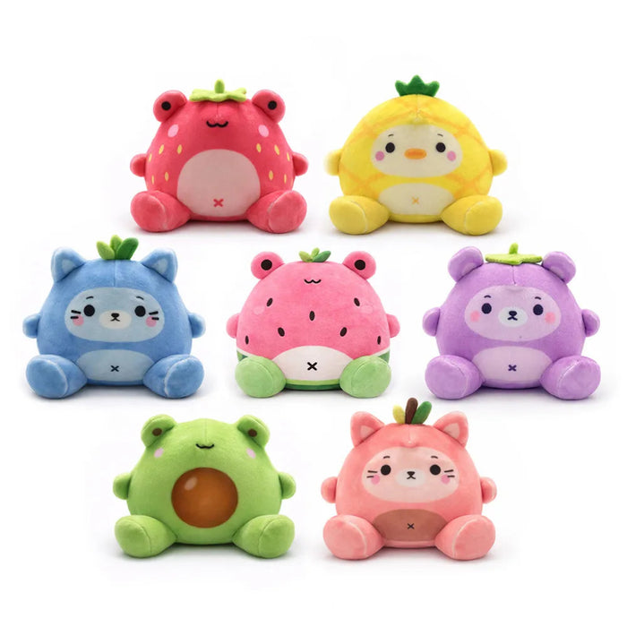 Set of colorful plush toys shaped like animals on a white background